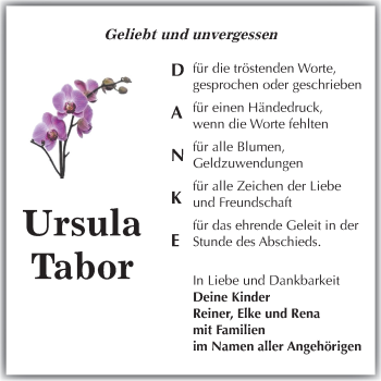 Traueranzeige von Ursula Tabor von Mitteldeutsche Zeitung Sangerhausen