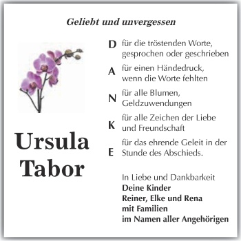 Traueranzeige von Ursula Tabor von WVG - Wochenspiegel SGH