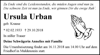 Traueranzeige von Ursula Urban von Mitteldeutsche Zeitung Bitterfeld