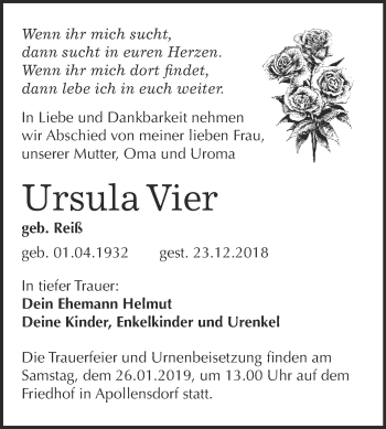 Traueranzeige von Ursula Vier von WVG - Wochenspiegel Wittenberg