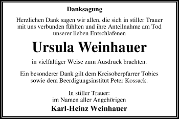 Traueranzeige von Ursula Weinhauer von WVG - Wochenspiegel Dessau / Köthen