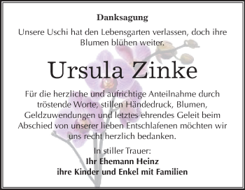 Traueranzeige von Ursula Zinke von Mitteldeutsche Zeitung Merseburg/Querfurt