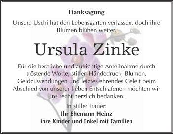 Traueranzeige von Ursula Zinke von WVG - Wochenspiegel Merseburg