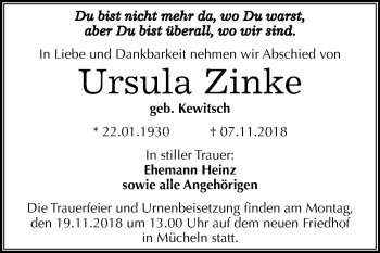 Traueranzeige von Ursula Zinke von Mitteldeutsche Zeitung Merseburg/Querfurt