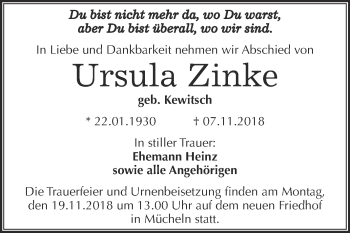 Traueranzeige von Ursula Zinke von WVG - Wochenspiegel Merseburg