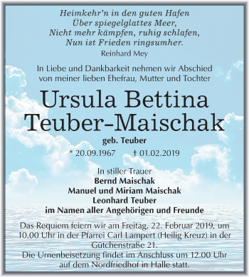 Traueranzeige von Ursula Bettina Teuber-Maischak von Mitteldeutsche Zeitung Halle/Saalkreis