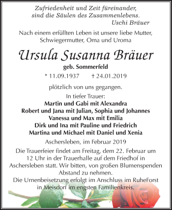 Traueranzeige von Ursula Susanna Bräuer von Mitteldeutsche Zeitung Aschersleben