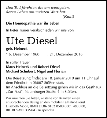 Traueranzeige von Ute Diesel von Mitteldeutsche Zeitung Naumburg/Nebra