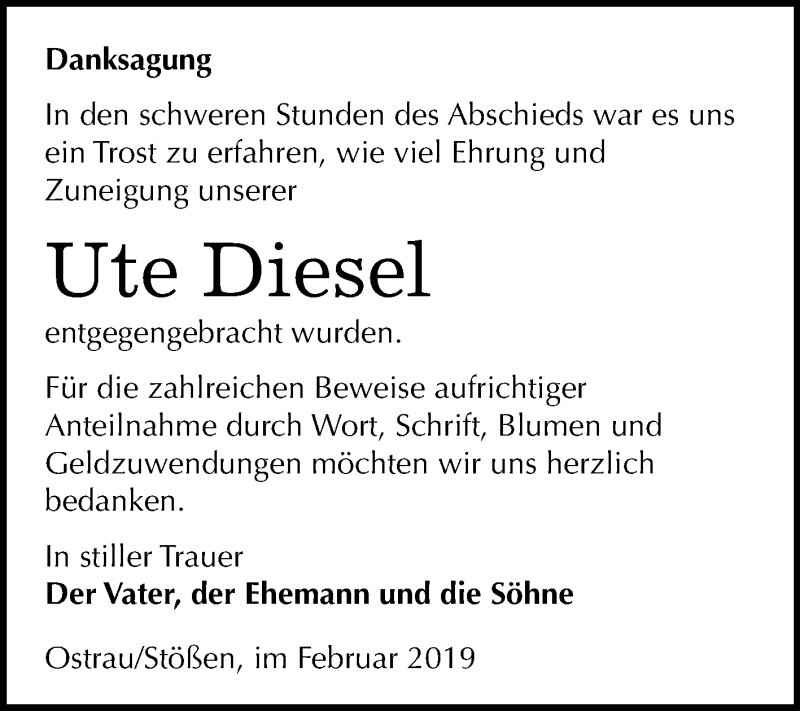  Traueranzeige für Ute Diesel vom 02.02.2019 aus Mitteldeutsche Zeitung
