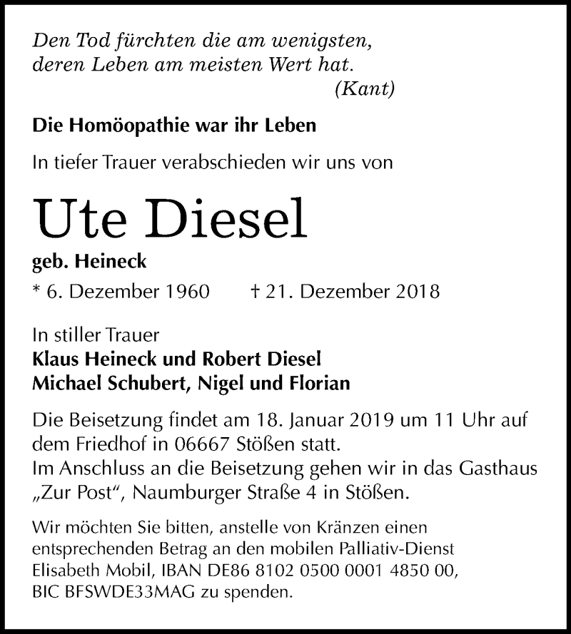  Traueranzeige für Ute Diesel vom 12.01.2019 aus Mitteldeutsche Zeitung Naumburg/Nebra