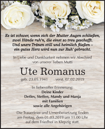 Traueranzeige von Ute Romanus von Mitteldeutsche Zeitung Köthen