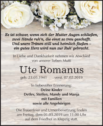 Traueranzeige von Ute Romanus von WVG - Wochenspiegel Dessau / Köthen
