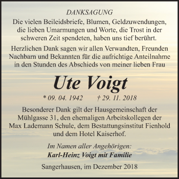Traueranzeige von Ute Voigt von Mitteldeutsche Zeitung Sangerhausen