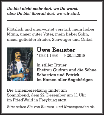 Traueranzeige von Uwe Beuster von WVG - Wochenspiegel NMB / WSF / ZTZ