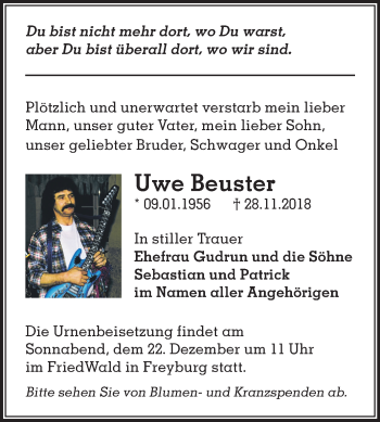 Traueranzeige von Uwe Beuster von Mitteldeutsche Zeitung Merseburg/Querfurt