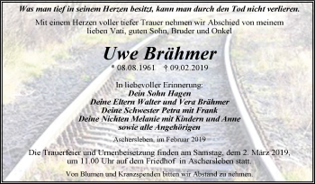 Traueranzeige von Uwe Brähmer von Super Sonntag Aschersleben