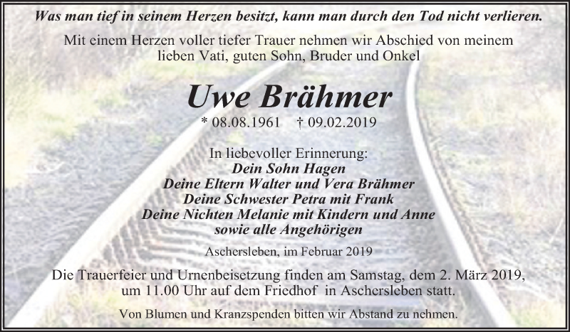  Traueranzeige für Uwe Brähmer vom 23.02.2019 aus Mitteldeutsche Zeitung Aschersleben
