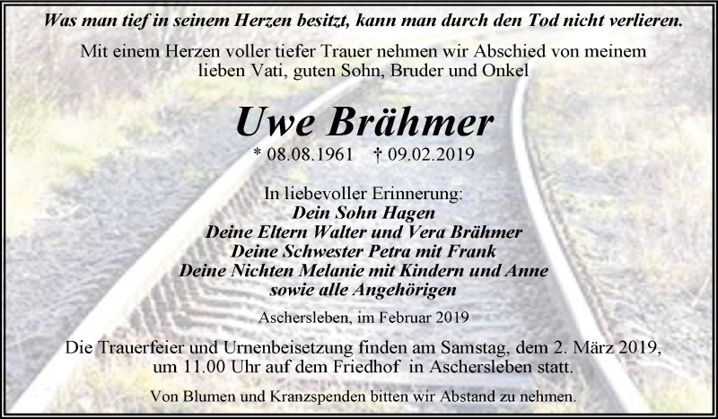  Traueranzeige für Uwe Brähmer vom 23.02.2019 aus Super Sonntag Aschersleben