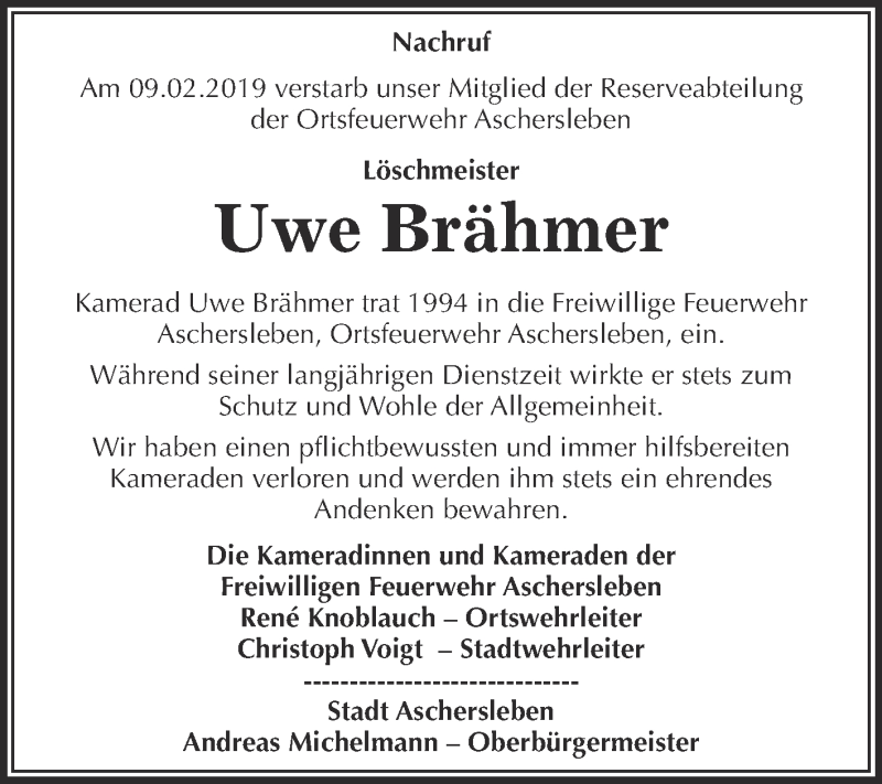  Traueranzeige für Uwe Brähmer vom 23.02.2019 aus Super Sonntag Aschersleben