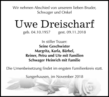 Traueranzeige von Uwe Dreischarf von Super Sonntag SGH Mansf. Land