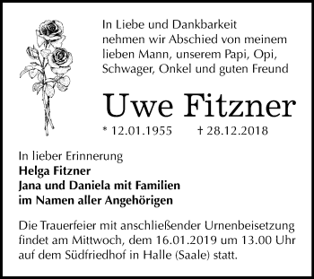 Traueranzeige von Uwe Fitzner von Mitteldeutsche Zeitung Halle/Saalkreis