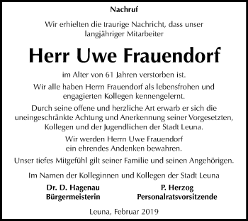 Traueranzeige von Uwe Frauendorf von Mitteldeutsche Zeitung Merseburg/Querfurt