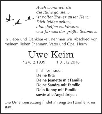 Traueranzeige von Uwe Keim von Super Sonntag Zeitz