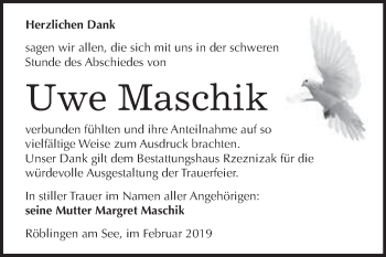 Traueranzeige von Uwe Maschik von Wochenspiegel Mansfelder Land
