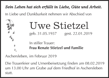 Traueranzeige von Uwe Stietzel von Super Sonntag Aschersleben