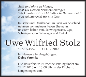 Traueranzeige von Uwe Wilfried Stolz von Mitteldeutsche Zeitung Halle/Saalkreis