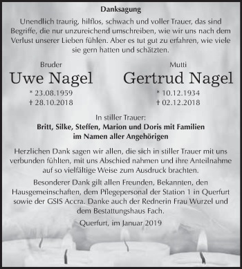 Traueranzeige von Uwe und Gertrud Nagel von WVG - Wochenspiegel Merseburg