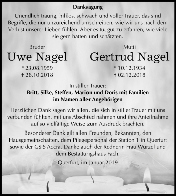 Traueranzeige von Uwe und Gertrud Nagel von Mitteldeutsche Zeitung Merseburg/Querfurt