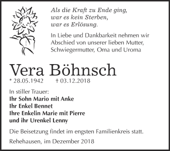 Traueranzeige von Vera Böhnsch von WVG - Wochenspiegel NMB / WSF / ZTZ