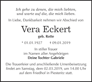 Traueranzeige von Vera Eckert von WVG - Wochenspiegel Wittenberg