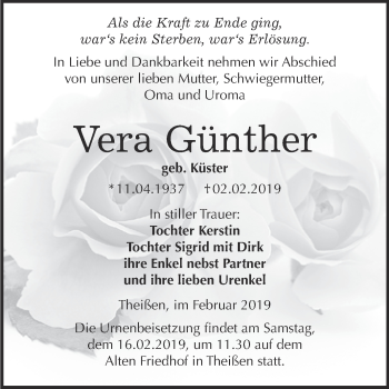 Traueranzeige von Vera Günther von WVG - Wochenspiegel NMB / WSF / ZTZ