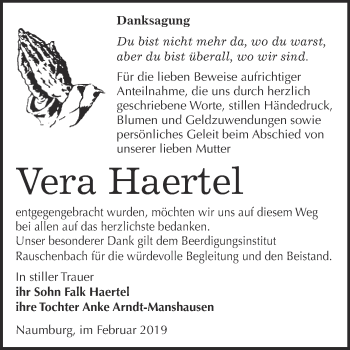 Traueranzeige von Vera Haertel von WVG - Wochenspiegel NMB / WSF / ZTZ
