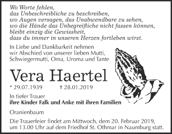 Traueranzeige von Vera Haertel von WVG - Wochenspiegel NMB / WSF / ZTZ