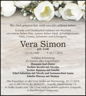 Traueranzeige von Vera Simon von Mitteldeutsche Zeitung Halle/Saalkreis