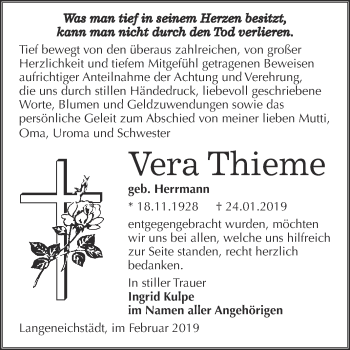 Traueranzeige von Vera Thieme von WVG - Wochenspiegel Merseburg