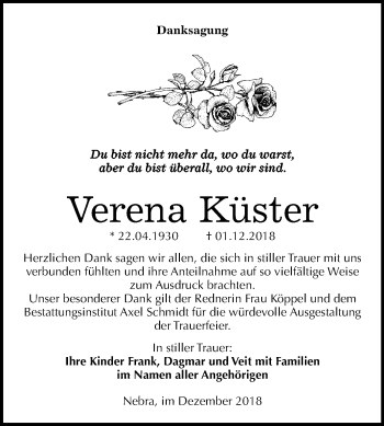 Traueranzeige von Verena Küster von Mitteldeutsche Zeitung Naumburg/Nebra