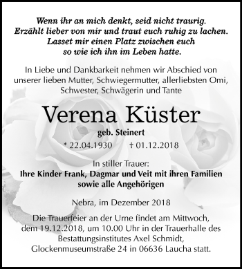 Traueranzeige von Verena Küster von Mitteldeutsche Zeitung Naumburg/Nebra