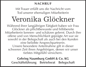 Traueranzeige von Veronika Glöckner von WVG - Wochenspiegel NMB / WSF / ZTZ