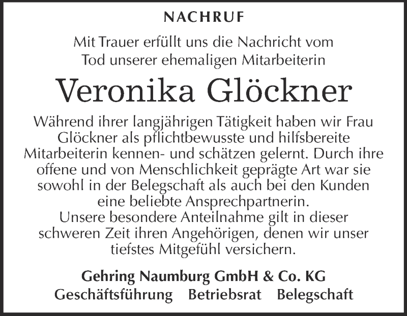  Traueranzeige für Veronika Glöckner vom 19.12.2018 aus WVG - Wochenspiegel NMB / WSF / ZTZ