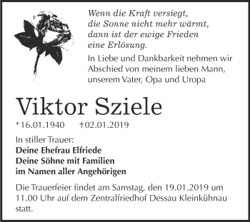Traueranzeige von Viktor Sziele von WVG - Wochenspiegel Dessau / Köthen