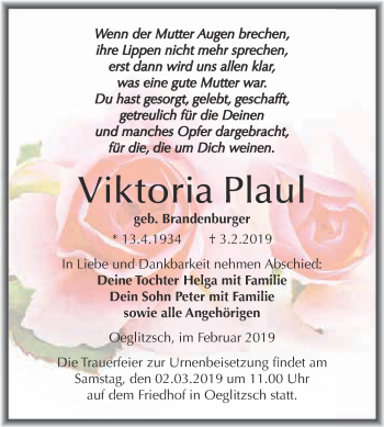 Traueranzeige von Viktoria Plaul von Super Sonntag Merseburg