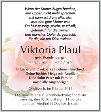 Traueranzeige von Viktoria Plaul von Mitteldeutsche Zeitung Weißenfels