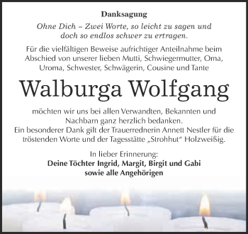 Traueranzeige von Walburga Wolfgang von WVG - Wochenspiegel Bitterfeld