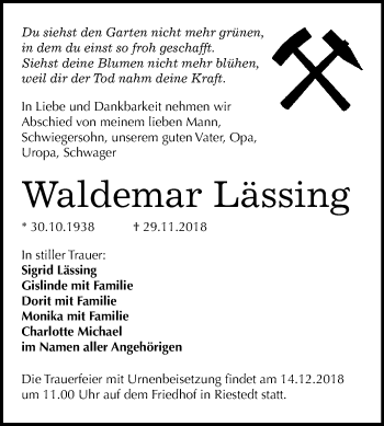 Traueranzeige von Waldemar Lässing von Super Sonntag SGH Mansf. Land