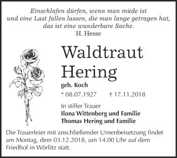 Traueranzeige von Waldtraut Hering von WVG - Wochenspiegel Dessau / Köthen