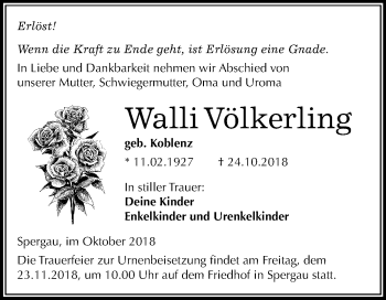 Traueranzeige von Walli Völkerling von Mitteldeutsche Zeitung Merseburg/Querfurt
